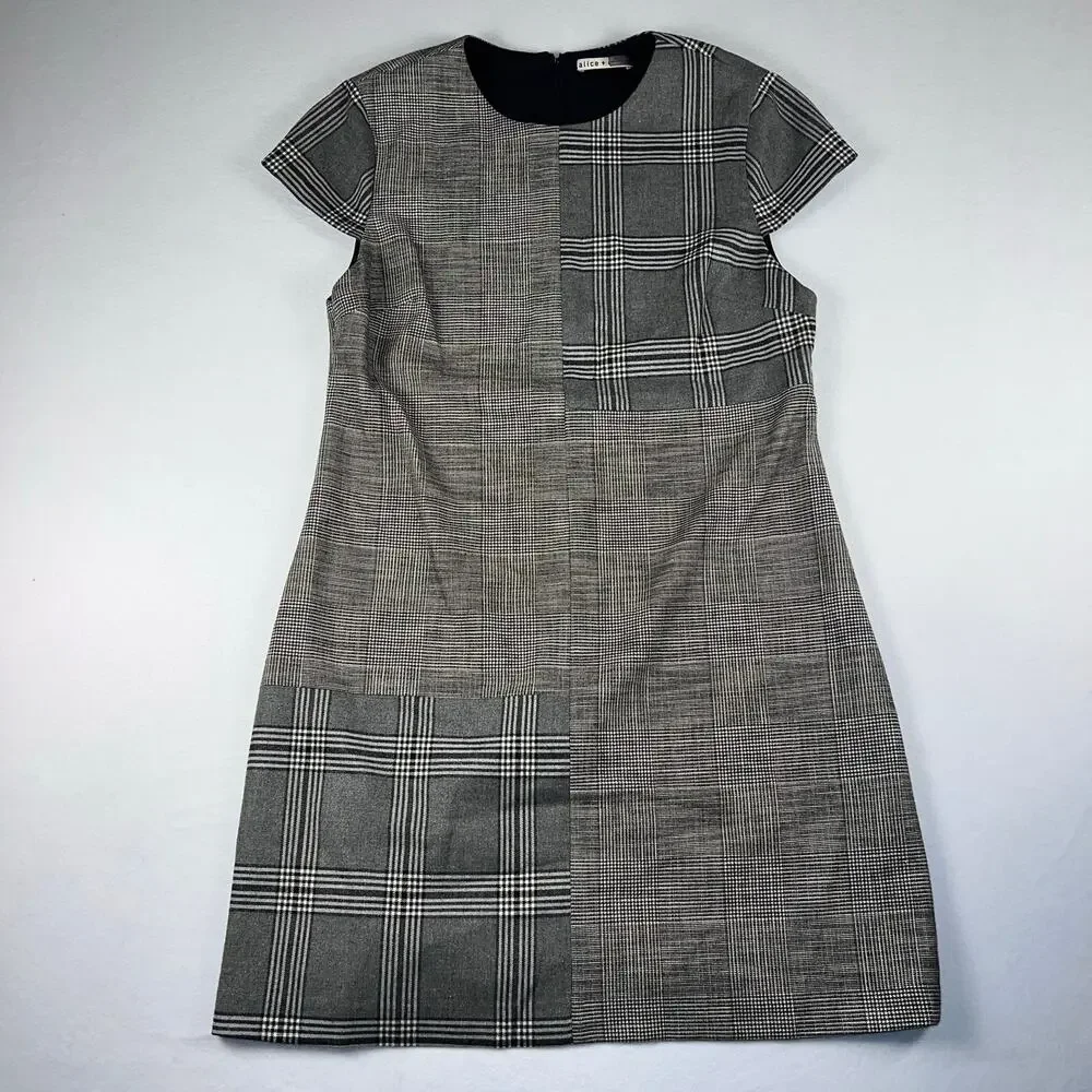 Alice + Olivia Coley Plaid Patchwork Mini Shift Dress Grey Wool Blend Size 12